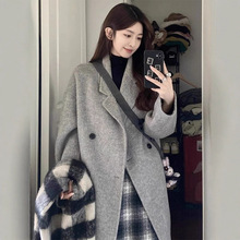 灰色韩版小个子毛呢外套女秋冬季2024年新款设计感中长款加厚大衣