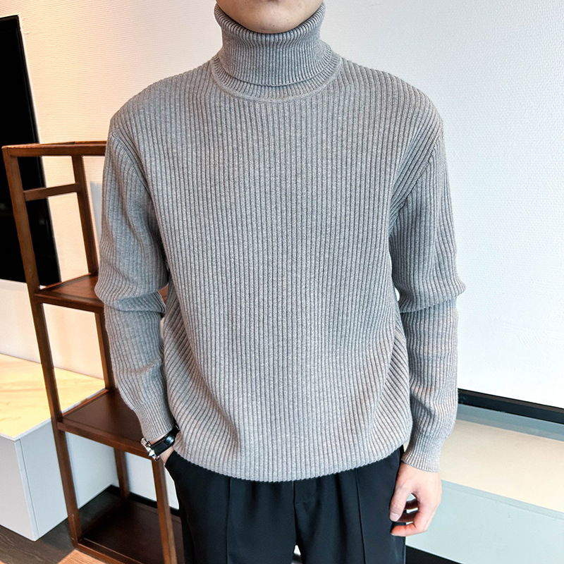 Men's Casual High Neck Striped Sweater Loose Knit Pullover_voghion.com