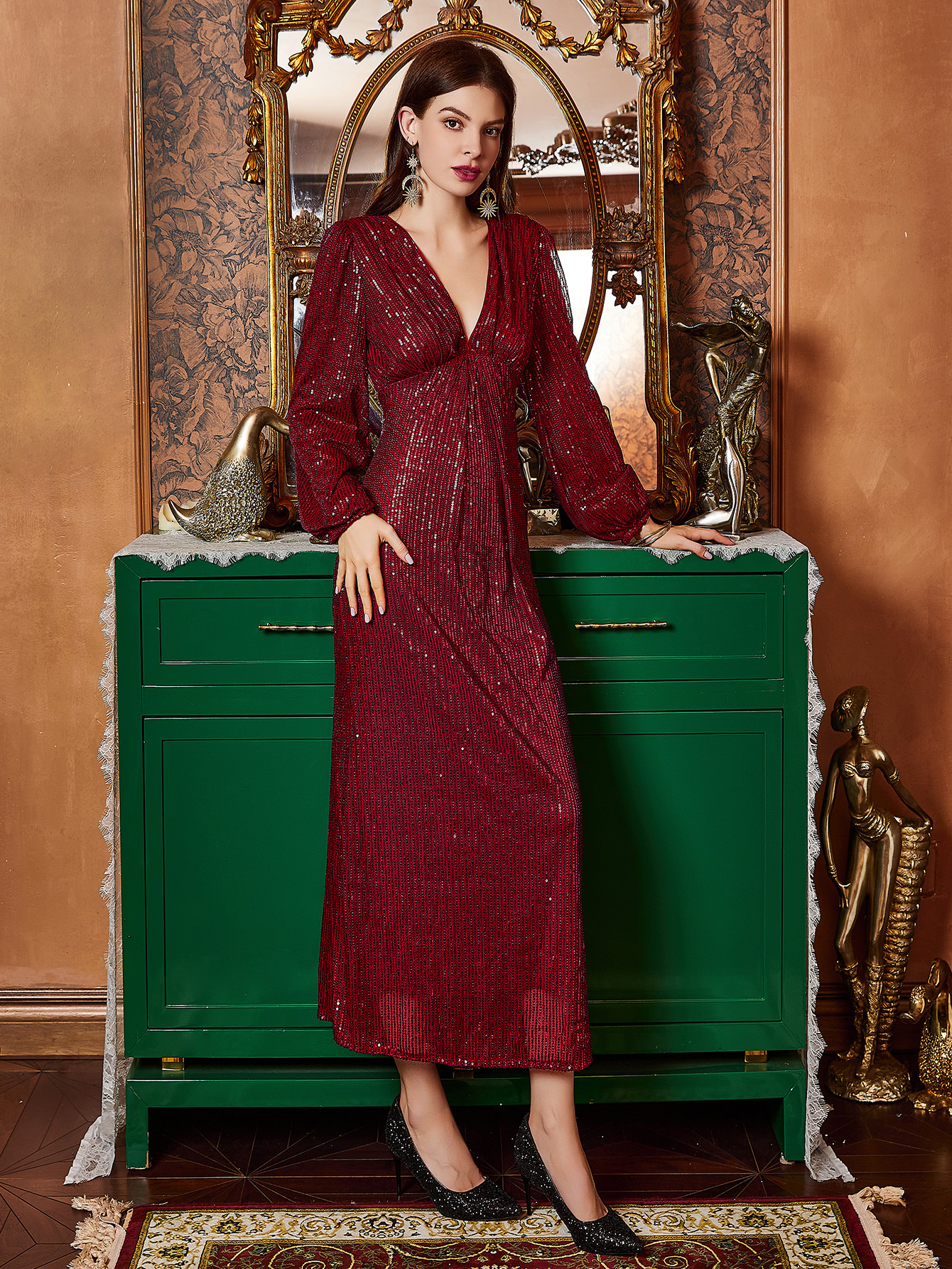 Otoño e invierno nuevo estilo europeo y americano ropa de mujer transfronteriza vestido de comercio exterior falda media cuello en V vestido de fiesta de lentejuelas de manga larga