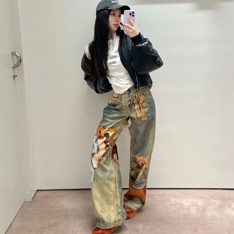 Teddy Bear Satin Bow 3D Optical Illusion Print Retro Distressed Jeans 25 Winter New Men's and Women's Models