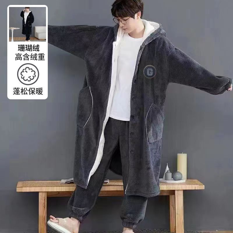 冬季男士睡袍套装加厚长款睡衣珊瑚绒连帽加绒新款浴袍学生家居服