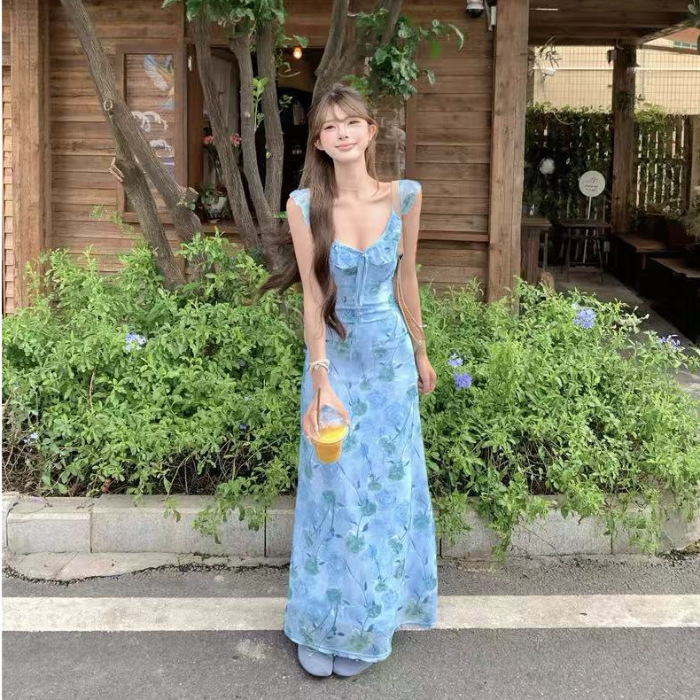 ブルーローズプリントドレス 2025 夏の新甘い痩身休暇スタイルノースリーブミッドレングススカート女性のための|undefined