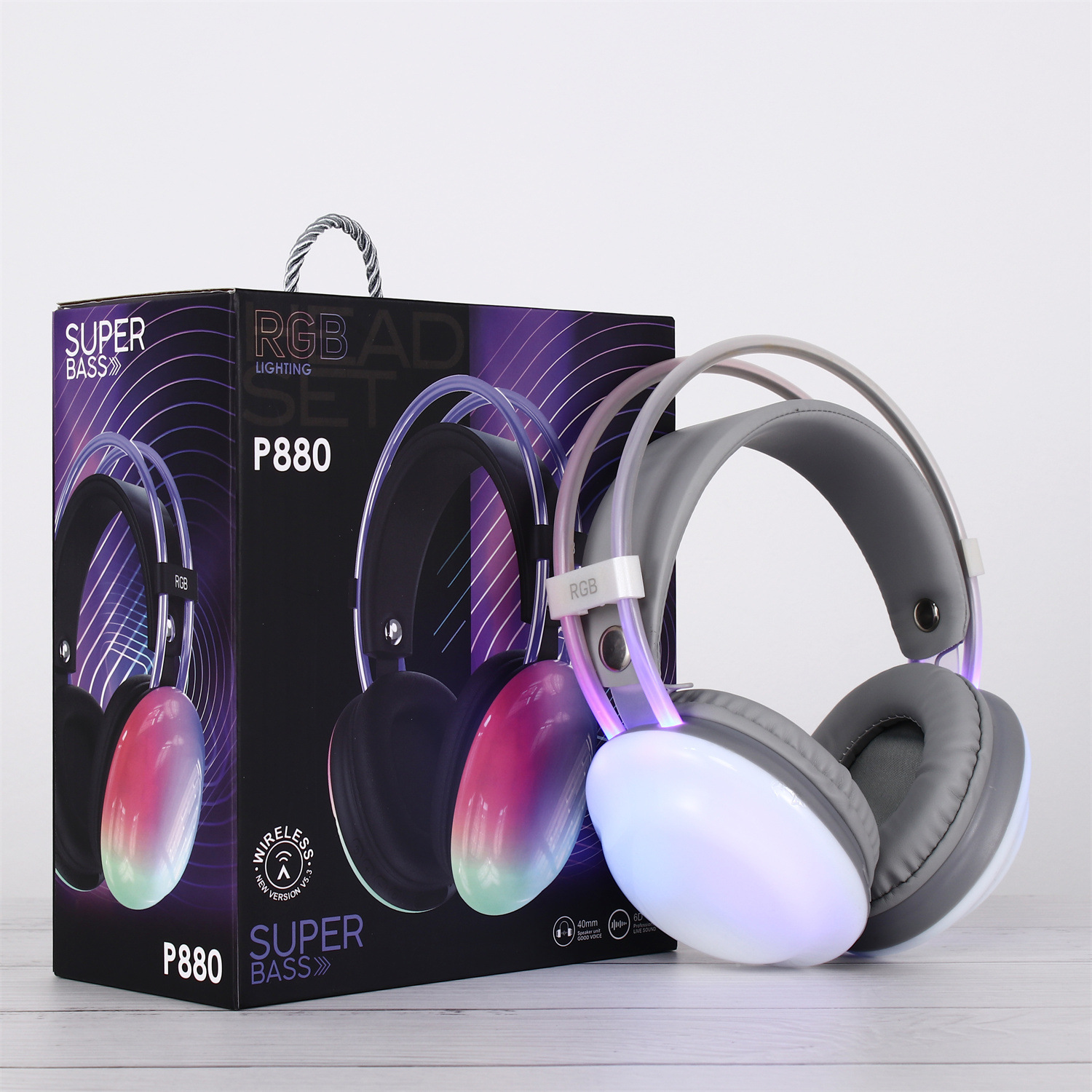 Nuevo auricular Bluetooth montado en la cabeza transfronterizo, auricular inalámbrico RGB luminoso de graves pesados, duración de la batería ultralarga y reducción de ruido