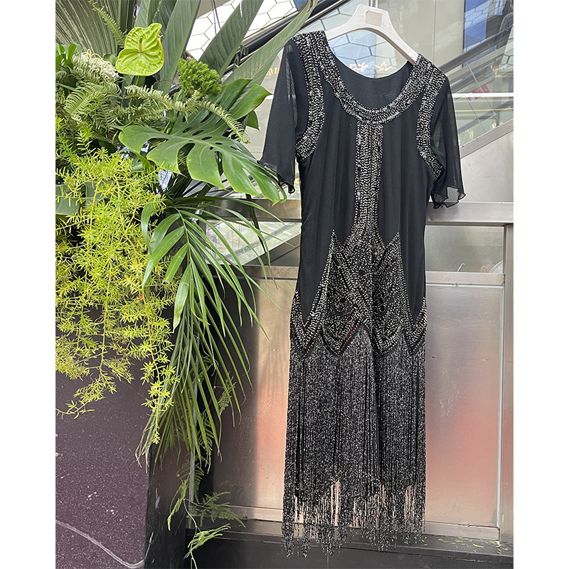 Fashion European and American Sexy Dress Heavy Industry Luxury Sequin Beaded Tassel Dress Stage Performance Dress Women