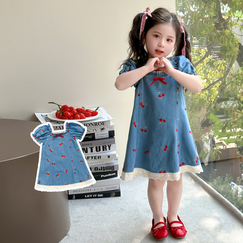 Cross-Border Girls' Cherry Embroidered Denim Dress, Children's Korean Fashion Stylish Princess Dress for Young Girls
