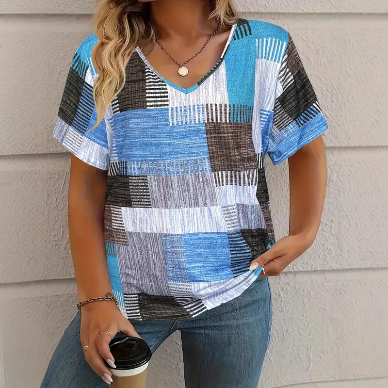 Cross-Border Women's T-Shirt 3D Color Matching Printing Casual Sports V Neck Short-Sleeved Top Suitable for Daily Wear Pullover