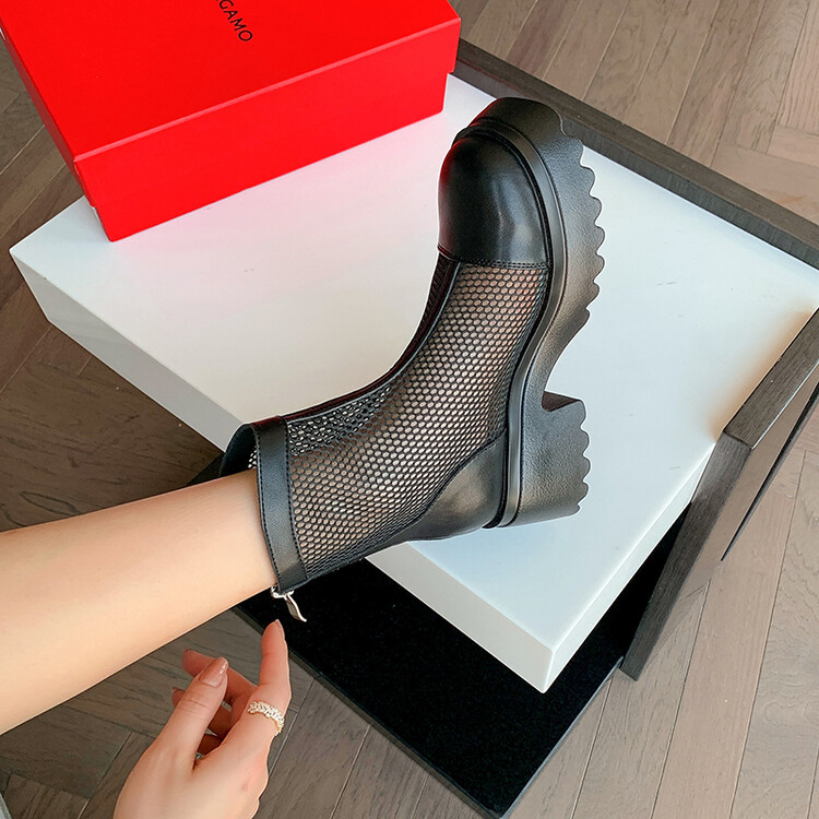 Boot nữ cổ cao đế dày gót bánh xốp da bò lưới thoáng khí xuân hè 2024 — Màu đen, Màu trắng be chi tiết 109
