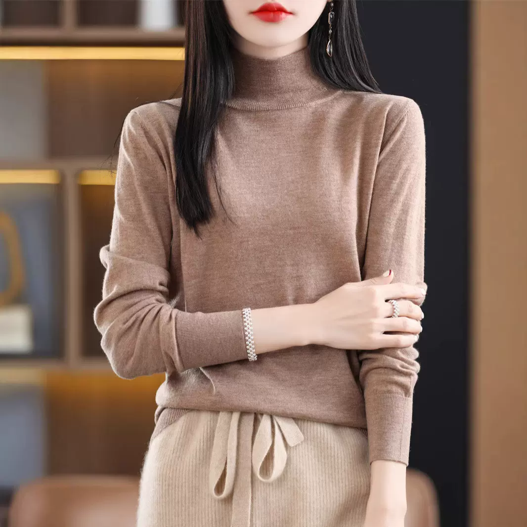 可机洗48支精纺100纯羊毛衫女薄款毛衣半高领针织衫不起球打底衫