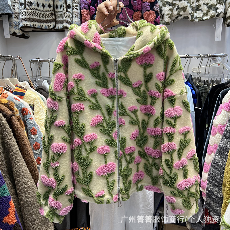 Cross-border European and American autumn and spring new loose-fitting, three-dimensional floral women's jacket, loose top, cardigan, hooded zip-up outerwear