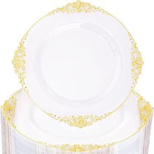 烫金透明餐盘套装一次性餐盘龙纹黑色金边浮雕盘PS硬塑料外贸餐具