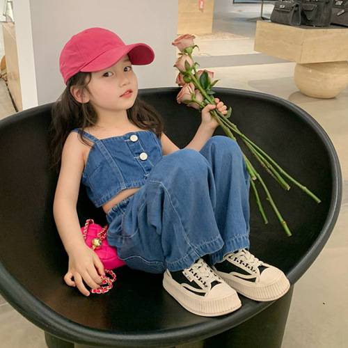 Girls suit suspender short top and denim wide leg pants 24 summer clothes new foreign trade children's clothing drop shipping 3-8 years old