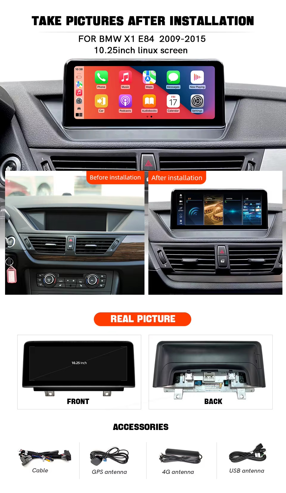 Suitable for BMW X1 E84 1 2009 - 2015 CIC 10.25'' car central control display large screen