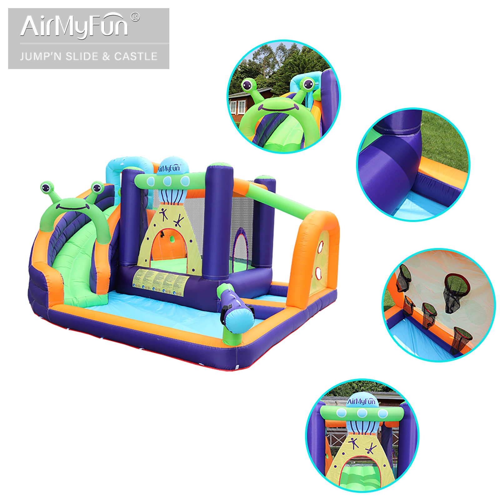 AMF | Castillo inflable con rociador de agua para el hogar, combinación de trampolín inflable, tobogán acuático interior para niños, castillo inflable pequeño antideslizante