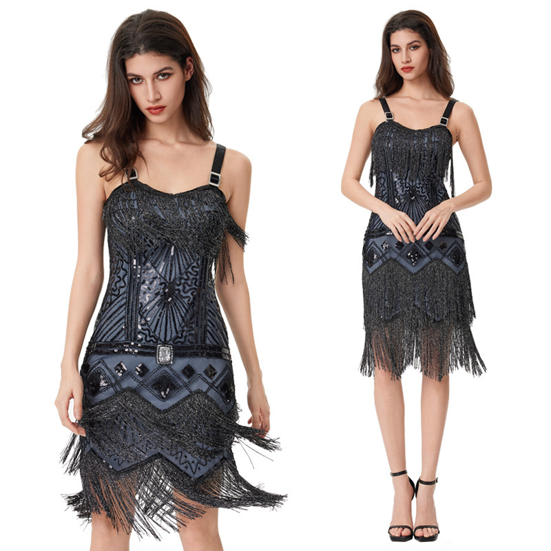 Amazon European and American Sequined Tassel Dress Plus Size Women's Party Dance Fashion Beaded Embroidered Dress Suspender Skirt