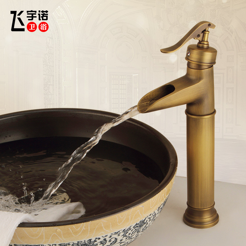 Bathroom Basin Faucet European Antique Brass Single Hole Bathroom Washbasin Hot and Cold Waterfall Outlet Faucet Black