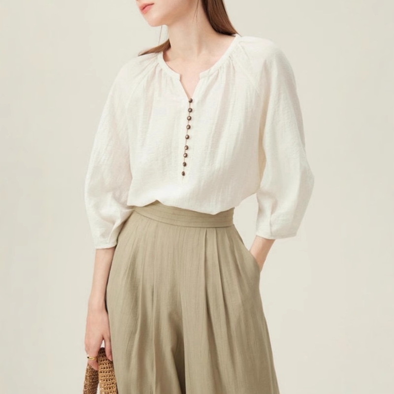 Verslann French Linen Shirt Women's Summer Seven-Sleeve Elegant Commuter Top Loose Lazy Style 12211