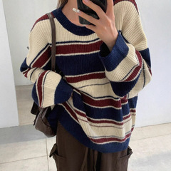 欧美跨境高街条纹毛衣女冬季复古休闲拼色圆领套头学生宽松针织衫