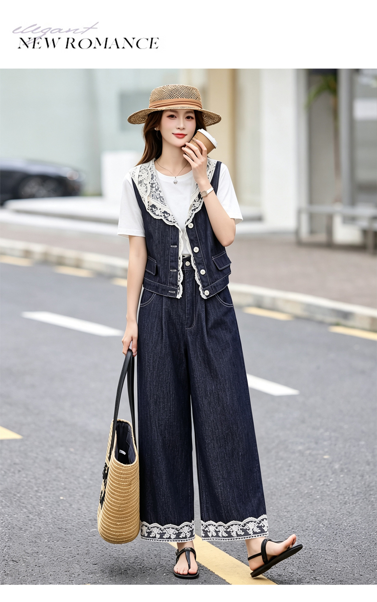 Bộ ba mảnh denim mùa hè 2026: áo khoác không tay mũ liền ren + áo thun + quần ống suông — Màu ảnh chi tiết 13