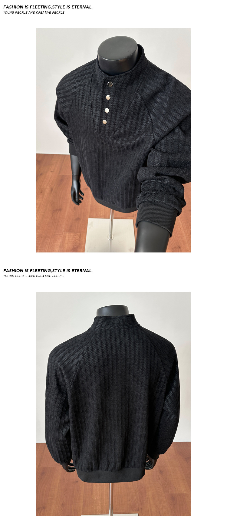 Fishbone Stripe Colour-blocked Sweatshirt Henley Collar Unisex_voghion.com