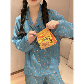 跨境专供外贸女春款睡衣小樱桃彩色格子减龄翻领长袖家居服套装女