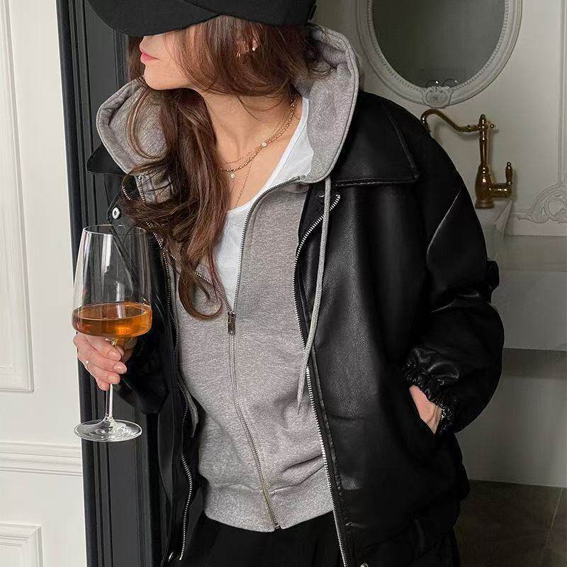 Áo khoác da nữ dáng rộng cổ bẻ phong cách đường phố — Màu nâu, cao cấp, có lót vải, Đen, cao cấp, có lót vải chi tiết 8