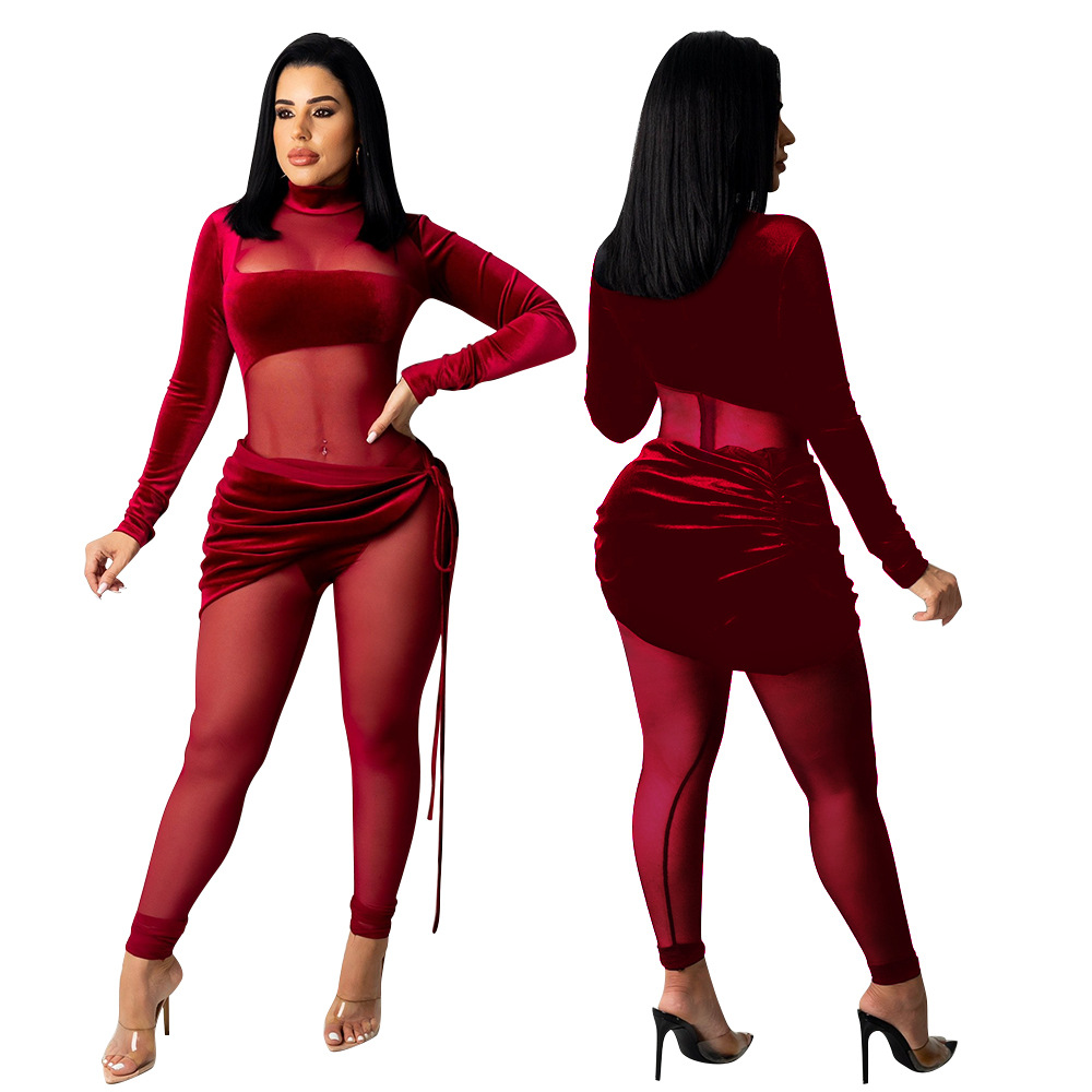 Women's fashion sexy mesh velvet splicing solid color jumpsuit_voghion.com