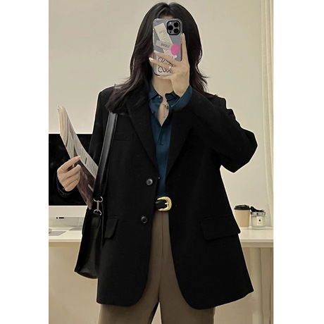 感黑色西装外套女2024年春秋新款韩版宽松小个子西服粉色上衣