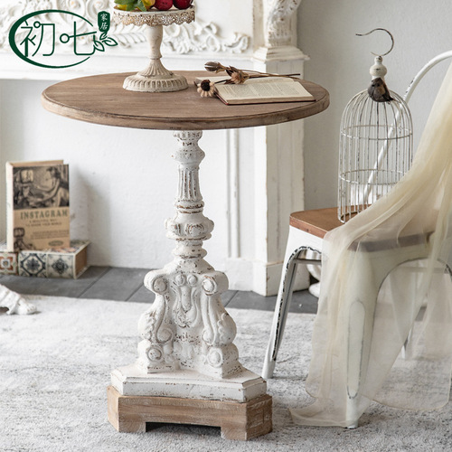 French vintage light luxury carved small round table balcony rustic solid wood tea table for inn and café decoration, wedding