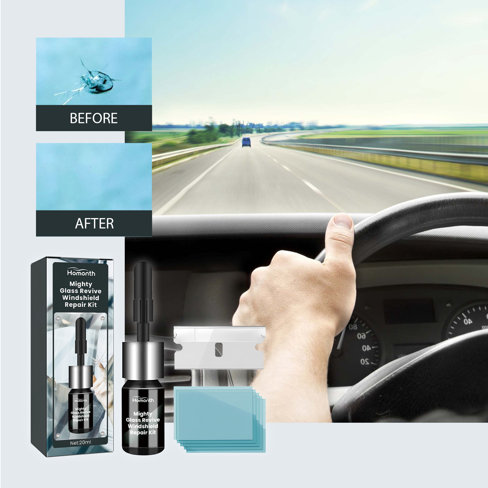 Homonth Windshield Care Kit Special Adhesive Liquid for Car Windshield Crack and Breakage Repair
