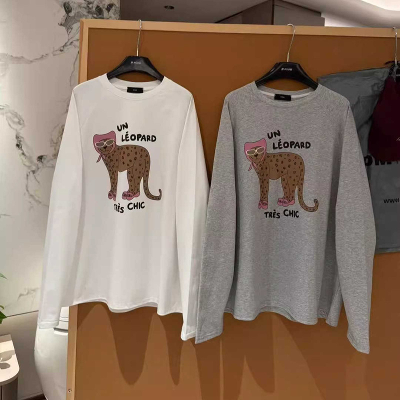 South Korea's Dongdaemun Autum New Loose Slimming Look Versatile Round Neck Cartoon Leopard Print Long-Sleeved T-Shirt Tops for Women