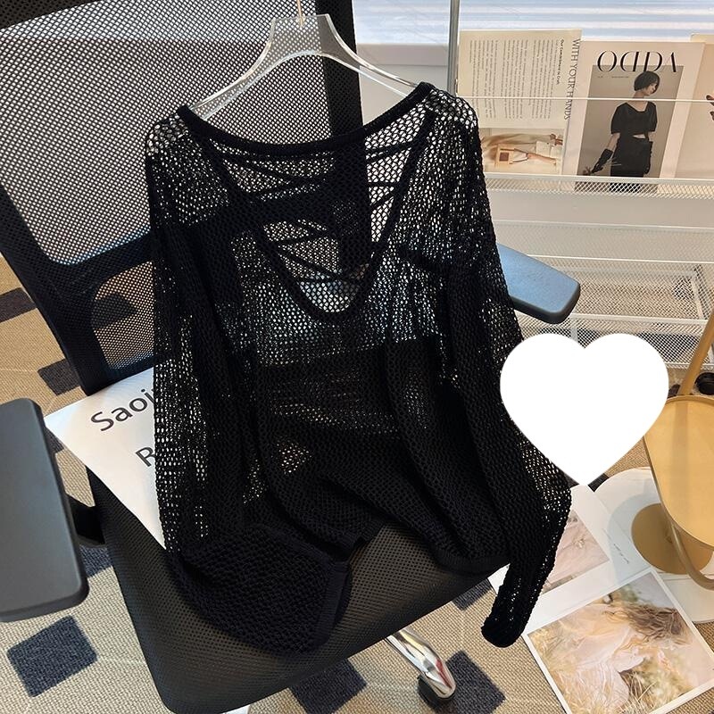 Black and White Striped Ice Silk Knit Sweater for Women, Autumn Long-Sleeve Loose Lazy Style Cover-Up, Sexy Hollow-Out Top