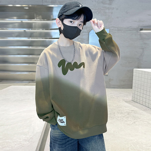 Genius Whale Boys' Long Sleeve Sweatshirt Autumn Outfit Tie-Dye New Alphabet Print Student Cool Middle-Large Children Spring and Autumn Season