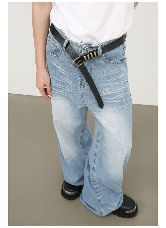 Quần jean nam ống đứng dáng suông rộng, vải denim giặt nước hiệu ứng nếp gấp, phong cách đường phố — Màu xanh lam chi tiết 19