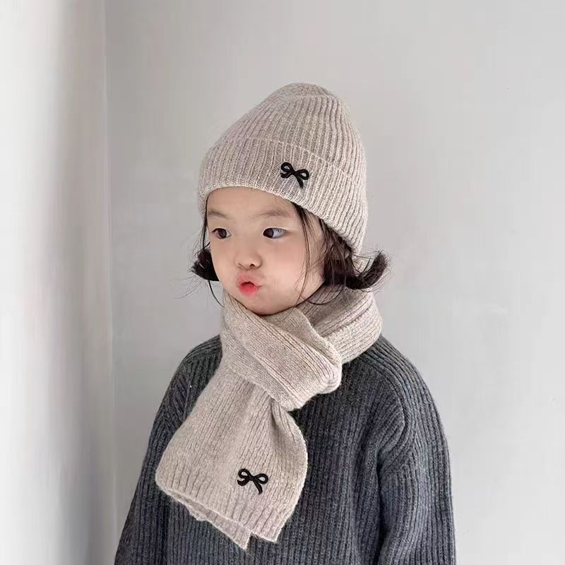 儿童针织帽围巾2件套安可拉红可爱蝴蝶结刺绣男女童宝宝韩版风|undefined
