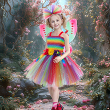 跨境亚马逊彩虹网纱女童连衣裙2024新款小叮当儿童节日演出公主裙