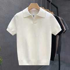 Vネックニットポロシャツ男性半袖春2025新型カーディガン高級感痞帅男性半袖tシャツ