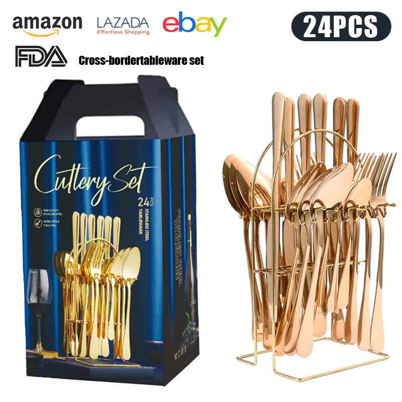 Venta caliente transfronteriza cuchillo de acero inoxidable, tenedor y cuchara traje de vajilla Caja de regalo de 24 piezas 1010 comida occidental cuchillo y tenedor de cuchara chapados en oro