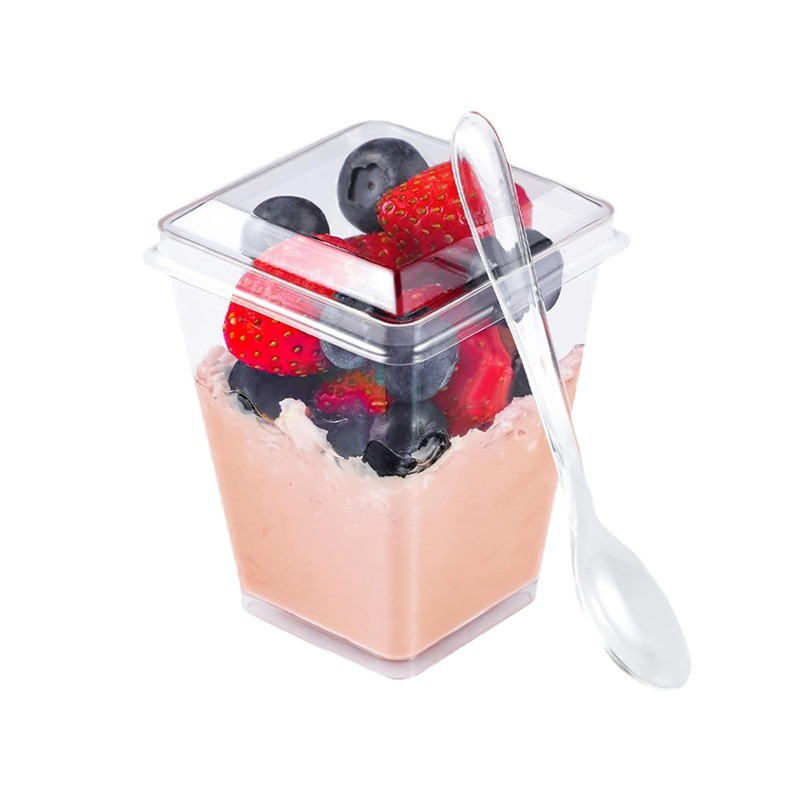 Vasos desechables transparentes para postres con tapa y cuchara, para gelatina y mousse