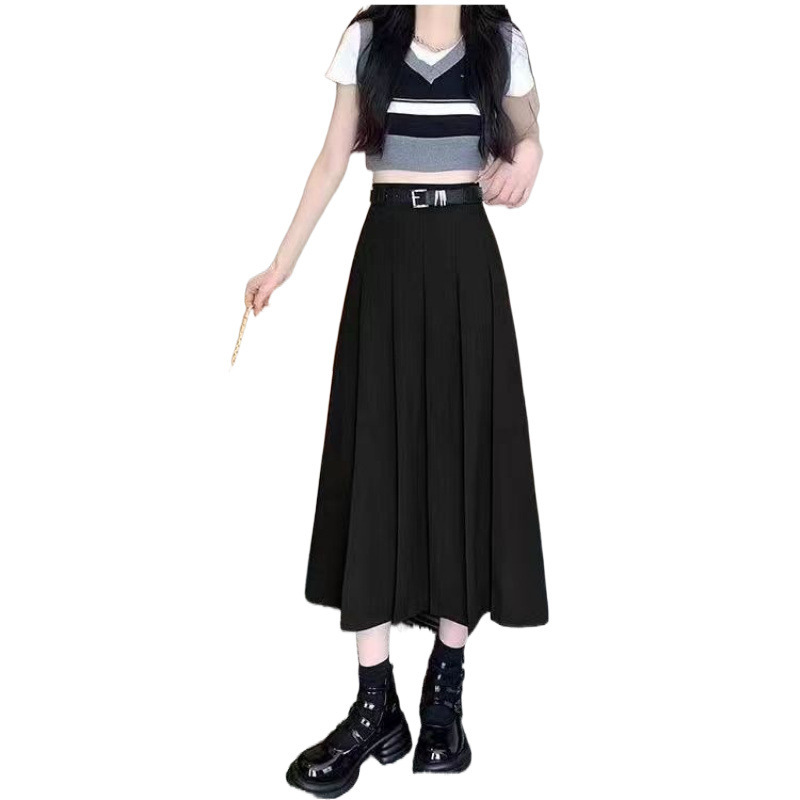 (2개) 회색 세트 주름 치마 2024 가을 새 스커트 높은 허리 슬리밍 주름 긴 A 라인 스커트