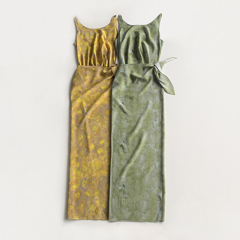 Mediterranean Series Silk Printed Sleeveless Wrap dress Lazy Holiday Style Mulberry Silk Wrap Dress Women's Summer