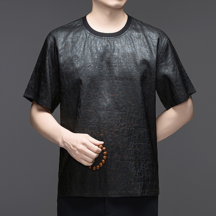 Tommy Lamon Summer Xiangyun Yarn Short-Sleeve Tang Suit Men's New Mulberry Silk Round Neck Half-Sleeve Crack Pattern T-Shirt