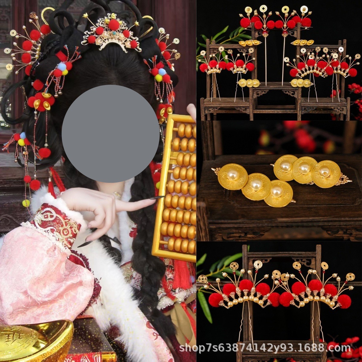 新年小财神头饰红色国风发钗写真妆造马年发饰喜庆铜钱元宝配饰品
