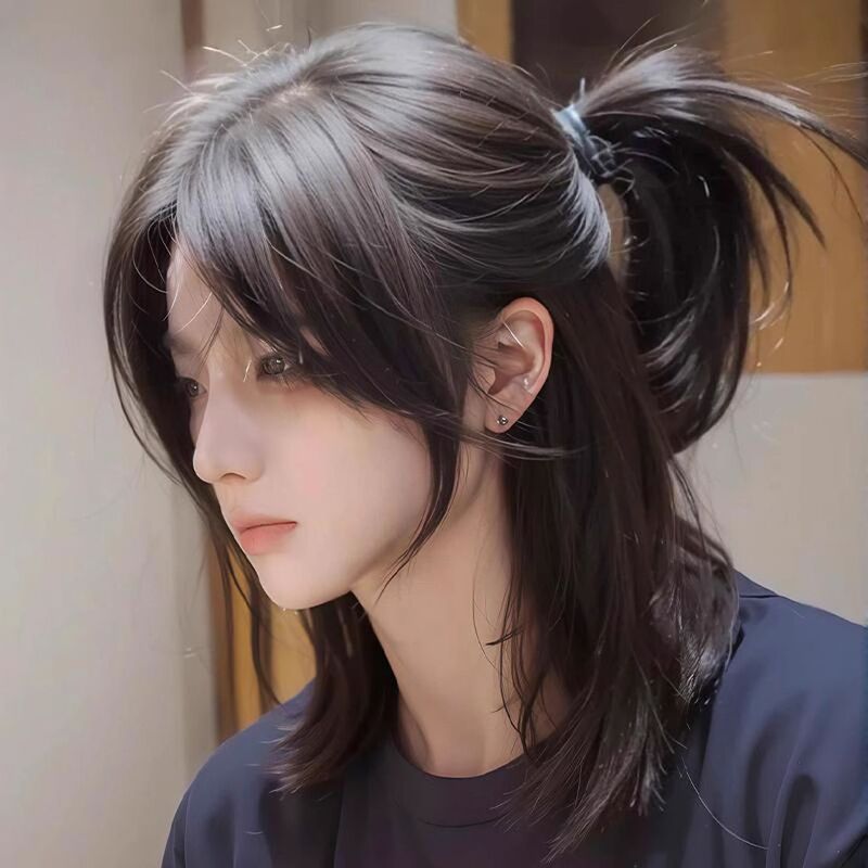 Wolf Tail Wig Men's Long Hair Full Headgear Unisex Japanese Style Mullet Head Medium Parted Half-Tied Samurai Head Wig