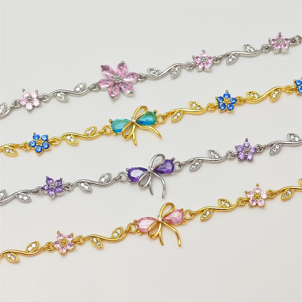 Zircon Inlay Material Bracelets Classification Wholesale Jewelry Elegant Leaf Flower Bow Knot Copper Zircon Bracelets