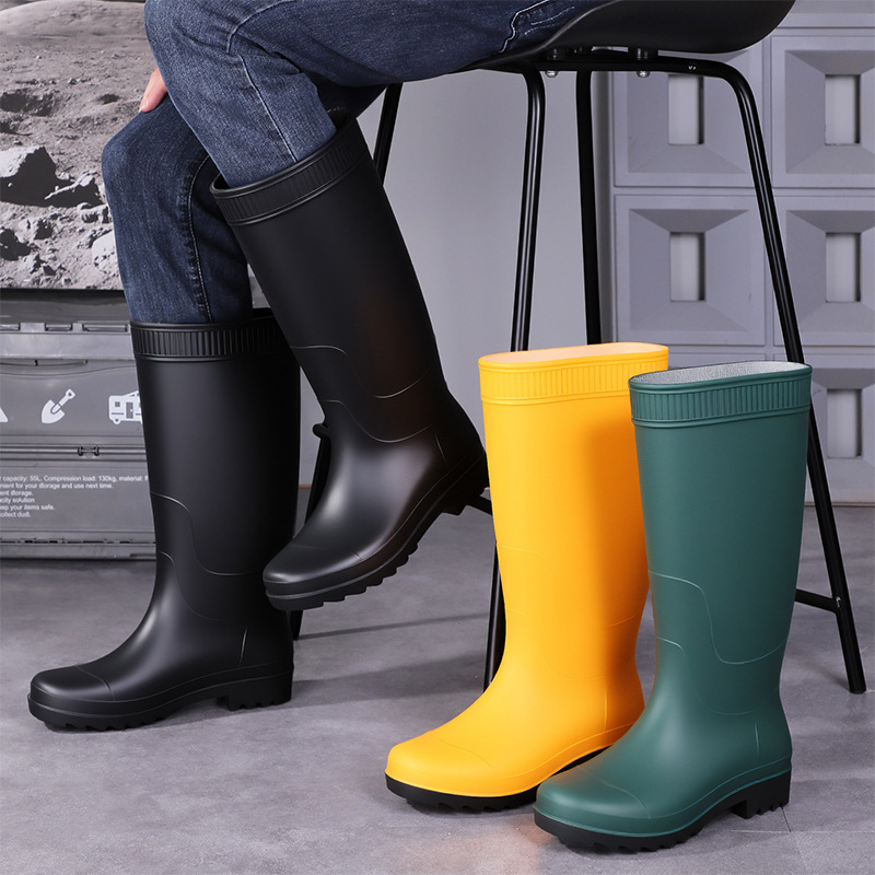 Nuevas botas de lluvia negras gruesas con forro polar de alta calidad, venta al por mayor, protección laboral para el sitio de construcción para hombres, zapatos de pesca de tubo largo con suela Oxford
