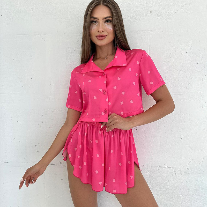 Autumn and Winter new popular love printed short-sleeved shorts pajamas two-piece cross-border wholesale Rose Red home wear for women