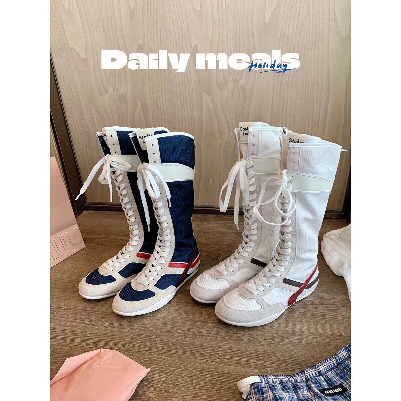 Cowhide Version ~ Grape Mom's Same Style Miu Series Boots for Women, Sports Style Moral Training Boxing Boots, Color Matching Strap Boots