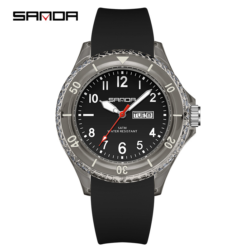 Sanda marca reloj de cuarzo al aire libre impermeable simple calendario caso transparente estudiante niños reloj 9062