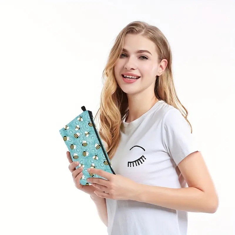 Transfronterizos Amazon damas bolsas de maquillaje encantadoras creativas bolsas de maquillaje de día de abejas bolsas de almacenamiento de lino bolsa de cremallera impermeable