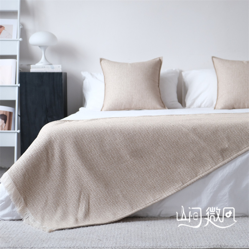 现代简约北欧沙发毯床尾毯子搭毯搭巾卡其色盖毯米色咖色民宿床c^